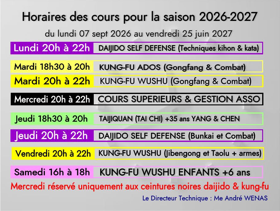 Horaires et planning cours 2027